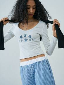 Easelle Spring/Summer Going Out Light Grey Letter & Number Print Embroidered Knit Fitted Women's T-Shirt
