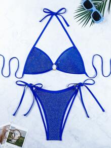 Swim EVENT Sexy Women's Bikini Set, Metal Ring Decor Knitted Metallic Fabric, Fashionable Halter Neck Tie Two Pieces Swimwear, Summer Casual Beach Wear - Royal Blue - View 6