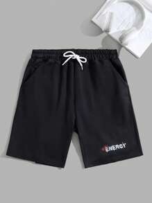 RueChic Men Cottonline Letter Printed Drawstring Regular Short - Black - View 2