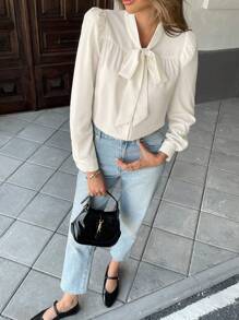 Pariaura 女士优雅通勤衬衫，单排扣，蝴蝶结，荷叶边，泡泡袖，适合春秋季节 - 杏色 - 查看 4