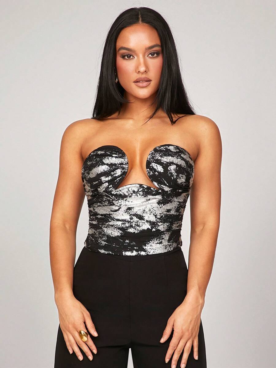 Silquee Women's Women's Elegant And Gorgeous Autumn And Winter Party Suitable For Slim Halloween Black Bottom Gold Print Sexy Pleated Tube Top