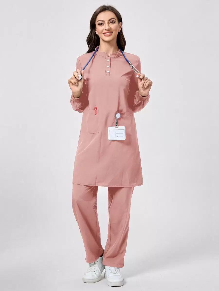 TaskEZ Solid Color Long Sleeve & Long Pants Scrub Uniform Set - Dusty Pink - View 1