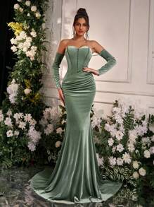 Glamrae 优雅天鹅绒露肩露肩长袖连衣裙，腰部褶皱和鱼尾下摆，婚礼宾客礼服，适合所有正式场合和宴会，派对礼服，晚礼服