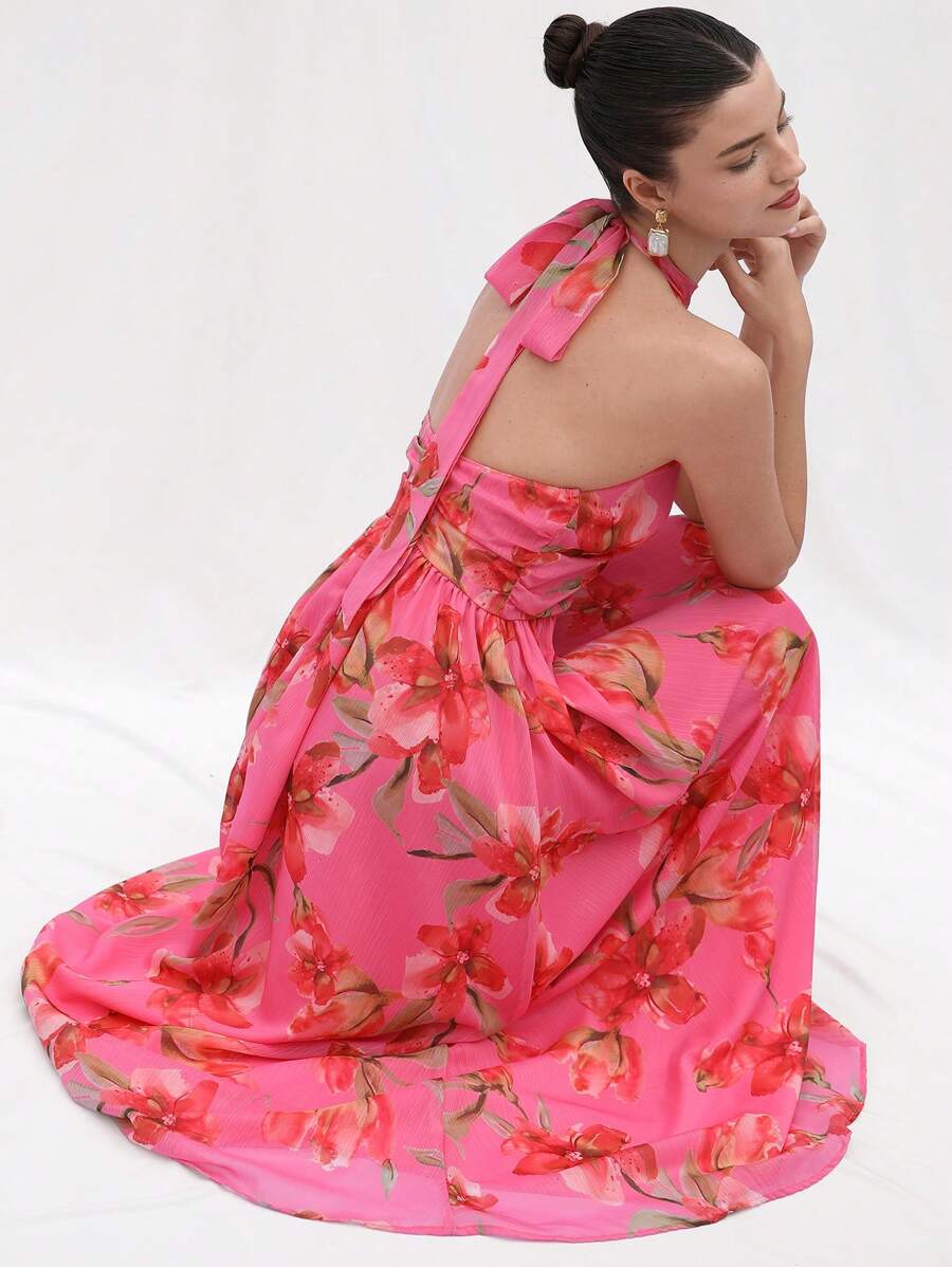 Aveloria Rosie New Fashion French Style Elegant Ladylike Vacation Romantic Mini Stand Collar Shoulder Cut-Out Waist Ruched Cinched Waist Fitted Flared Hem Bold Floral Print Chiffon Dress For Women Boho Beach Fashionable Style All Over Print For Summer