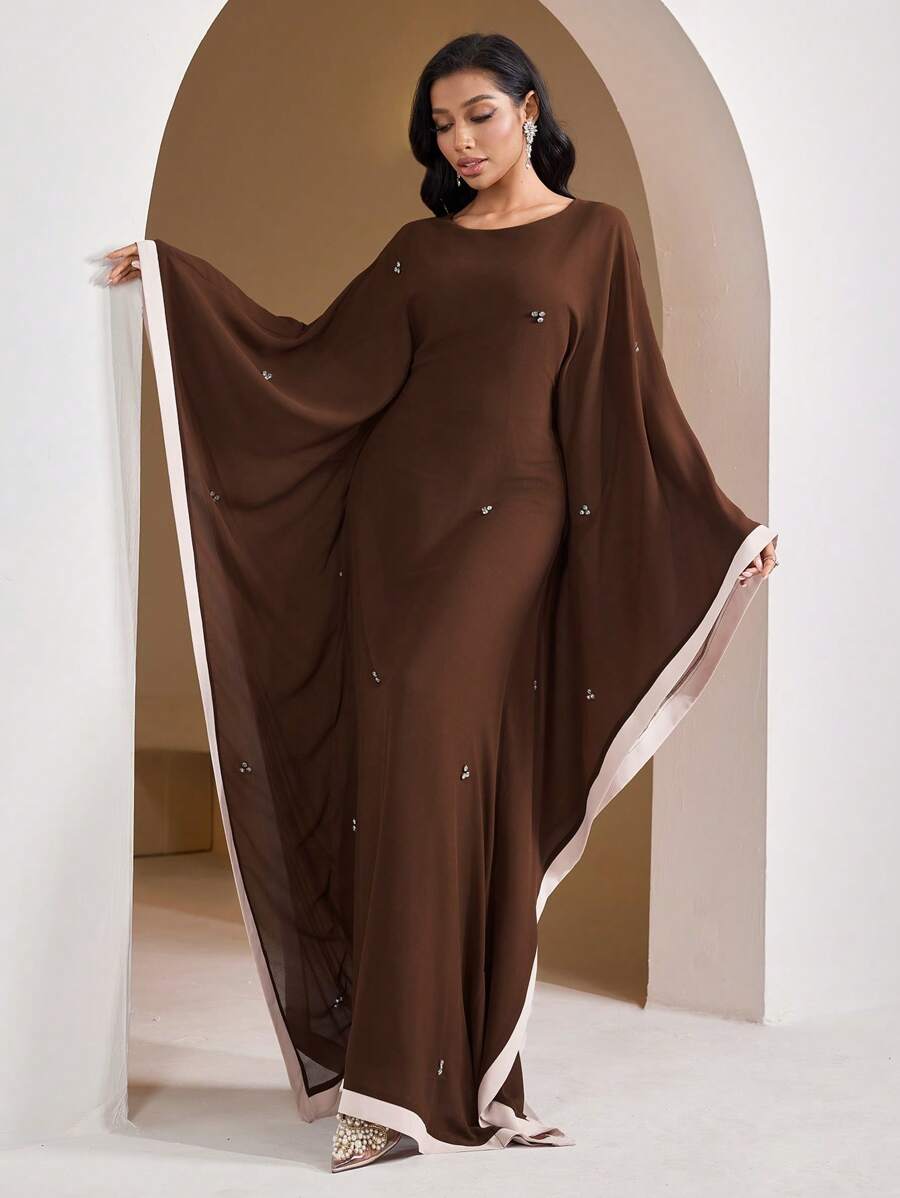 Veilorie Women's Solid Color Patchwork Round Neck Long Sleeve Elegant Dress