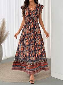 SHEIN LUNE Cap Sleeve Shirred Waist Drawstring Ruffle Hem A-Line Dress, Print Casual Vacation Elegant Daily Wear For Women