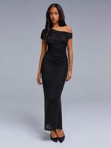 Athîral Women's Asymmetrical Neck Short Sleeve Slim Fit Long Elegant Party Dress