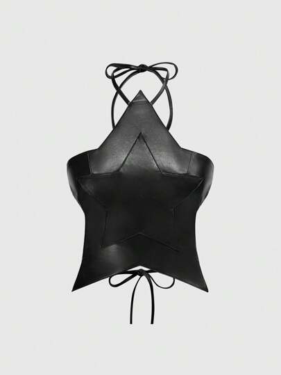 Grunge Punk Sexy Star PU Multi-Strap Backless Halter Crop Top