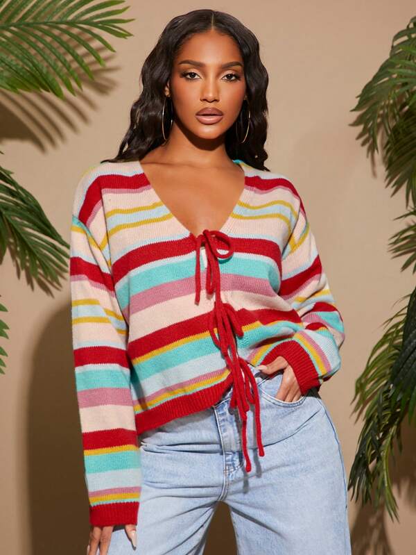 SHEIN SXY Women's Casual Colorblock Striped Tie Front Lightweight Cardigan