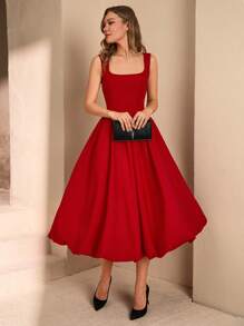 EURMUSE Petite Elegantes langes Ballonkleid für Petite Größen Frauen - Rot - Übersicht 1