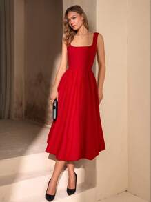 EURMUSE Petite Elegantes langes Ballonkleid für Petite Größen Frauen - Rot - Übersicht 4