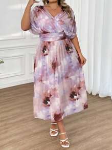 SHEIN CURVE+ Vestido largo con estampado floral elegante de manga de murciélago para tallas grandes, primavera/verano