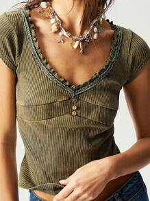 Bohemela BOHO Casual Solid Color V-Neck Short Sleeve Fitted Women T-Shirt - Army Green - View 1