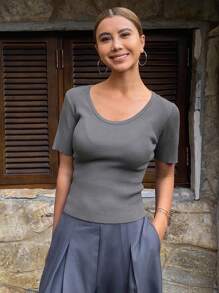 DAZY Einfarbig figurbetontes kurzärmliges gestricktes Damen-Top