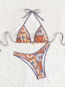 Swim Vcay 2pcs/Set Women Random Print Gold Accessory, Halter Top And High-Cut Bikini Bottom Bikini Swimwear, For Summer Beach Vacation - Multicolor - View 5