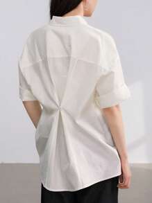 Dazy-Less 女士简约扭纹纽扣宽松休闲短袖衬衫商务休闲女装 - 白色 - 查看 1