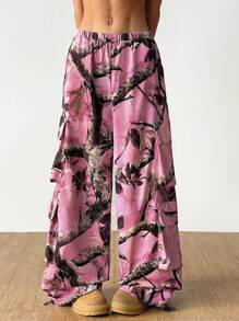 SHEIN EZwear 女士春夏节日约会夜街头装垃圾游戏日新年前夜粉红树枝图案森林迷彩工装裤，狂欢节服装 - 粉色 - 查看 7