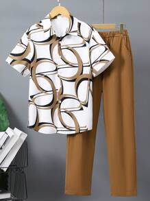 Teen Boy Traditional Print Khaki Shirt And Pants 2 Pieces Outfit - Khaki - View 3