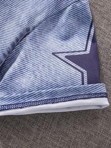 Tween Girl Denim Effect Print Patchwork V-Neck Loose T-Shirt - Multicolor - View 5