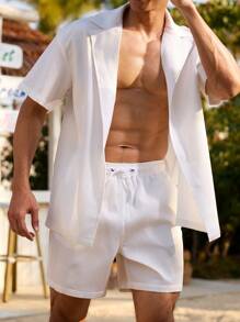 Manfinity Swimmode 男士纯色短袖衬衫和短裤沙滩装套装