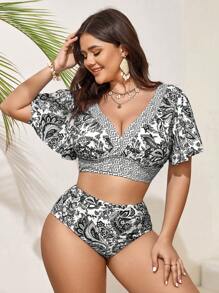 Swim Vcay Plus Size Women Two-Piece Short Sleeve Top And Shorts Bikini Set, Casual & Fashionable Everyday Wear, For Summer Beach Vacation