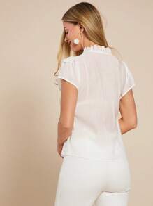 SHEIN Clasi White Floral Summer Elegant Tea Party Women's Linen Vacation Blouse,Sweet Tie Neck See-Through Floral Design Sun Protection Ruffle Hem Top - White - View 3
