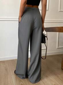 DAZY Women Plain Pleated Wide Leg Pants With Belt, Casual Commute Summer Trousers Business Attire - Grey - View 2