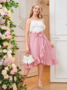 Teen Girl Summer Casual Elegant Adjustable Strap Dress With Asymmetrical Ruffle Hem And Belt - Pink - View 1