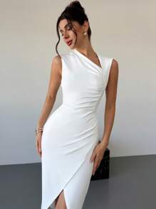 Firerie Vestido midi de mujer de unicolor, cuello asimétrico, plisado y sin mangas - Blanco - Ver 1