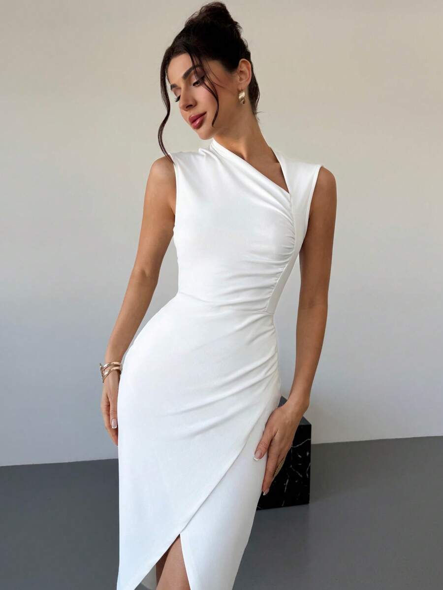 Firerie Vestido midi de mujer de unicolor, cuello asimétrico, plisado y sin mangas - Blanco - Ver 1