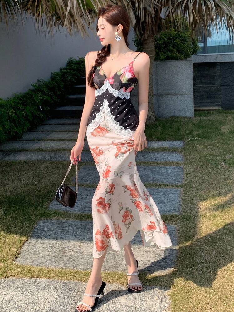 Women's Midi Slip Dress With Hollow Lace Trim, Contrast Color Block And Floral Print, Suitable For Wedding, Party, Vacation Summer Elegant Prom Dress Cocktail Dress