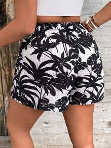 SHEIN VCAY Plus Size Women Floral Print Elastic Waist Casual Shorts, Suitable For Vacation