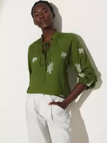 Aveloria Modichic Green Loose Bohemian High-End Contrast Color Jacquard Lightweight Shirt, With Tie Neckline And Elastic Cuffs, Long Sleeve Women's - Multicolor - View 6