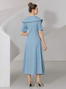 Modelyn Women's Solid Color Double-Breasted Short Sleeve Elegant Long Dress - Blue - View 6