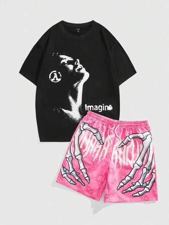 Street Life Conjunto de 2 piezas de camiseta y shorts con estampado de mano de esqueleto para hombre