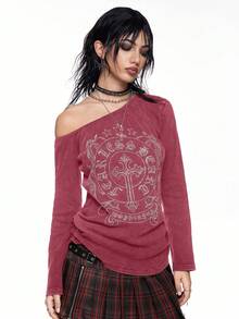 ROMWE Grunge Punk Vintage Y2K Distressed Cross & Vine Rhinestone Embellished Asymmetrical Shoulder Spring Break Concert Rave Festival Oversized T-Shirt For Women - Burgundy - View 7