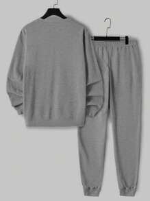 RueChic Cotton Men's Set Of Letter Printed Sweatshirt And Sweatpants - Grey - View 3