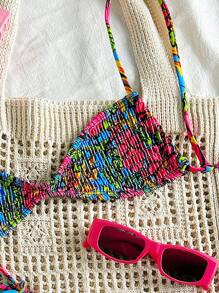 Swim Mod Women Spring Break Beach Vacation Sexy Fashion Printed Fringe Triangle Bikini Set For Summer - Multicolor - View 4