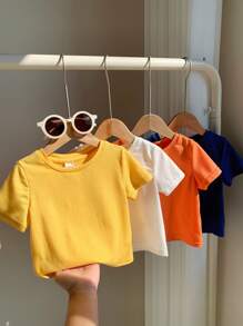 SHEIN 4pcs Baby Solid Knit Soft Round Neck Short Sleeve Pullover Tops Set, For Boys And Girls - Multicolor - View 7