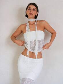 SHEIN BAE Women's White Summer Elegant Seductive Vacation Bohemian Lace Tube Top Ribbon Corset And Slim Maxi Skirt Two-Piece Set,Boho Beach Holiday Outfits - White - View 7