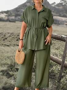 Breezaya 大码女士优雅休闲度假通勤纯色衬衫领前开腰抽绳胸袋卷袖衬衫和松紧腰长裤套装，春夏 - 軍綠色 - 查看 6