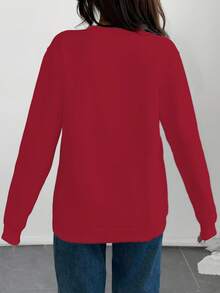 SHEIN LUNE 大码女式圣诞小狗和雪人图案印花宽松休闲圆领落肩运动衫，春/秋 - 紅色 - 查看 2