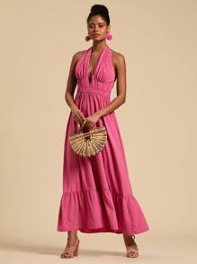 Travachic Vestido largo sin mangas para mujer, de unicolor, cuello halter, casual y de moda, para uso diario