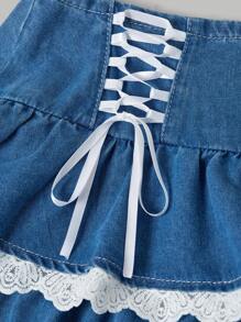 SHEIN MOD Women's Denim Skirt With Waist Tie, Ruffle Hem, Short Style