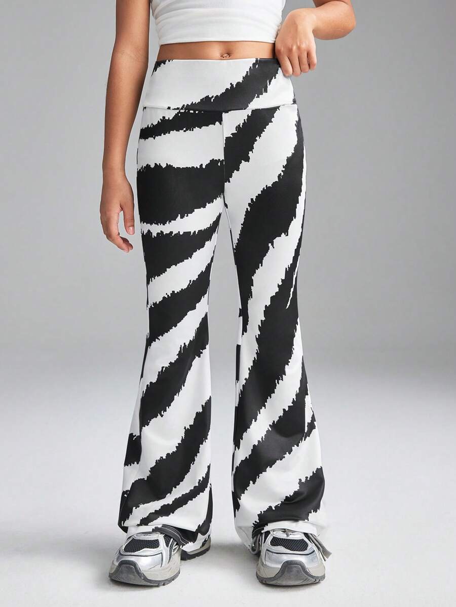 SHEIN Tween Girls Spring/Summer Black & White Striped Print Casual Flared Long Pants - Black and White - View 1