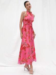 Aveloria Rosie New Fashion French Style Elegant Ladylike Vacation Romantic Mini Stand Collar Shoulder Cut-Out Waist Ruched Cinched Waist Fitted Flared Hem Bold Floral Print Chiffon Dress For Women Boho Beach Fashionable Style All Over Print For Summer