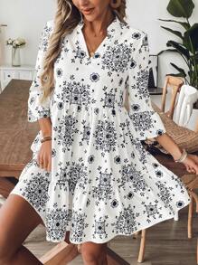 Breezaya 女士休闲洋娃娃印花喇叭袖 A 字形连衣裙，适合度假和日常通勤 - 藍白色 - 查看 5