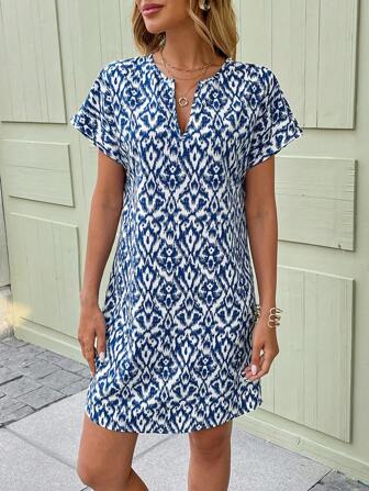 SHEIN LUNE Boho Women Short Dresses Blue & White Resort Print Batwing Sleeve Women's Short Dress
