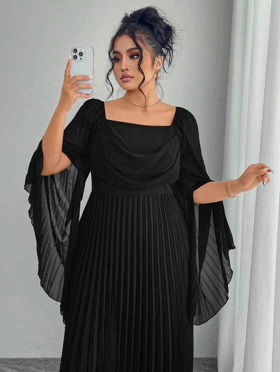 Modelyn 大码女式方领长袖褶皱腰喇叭优雅通勤连衣裙 - 黑色 - 查看 1