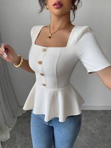 Elenzga Women's Swan Collar Button Design Short Sleeve Ruffled Hem Blouse - Apricot - View 3